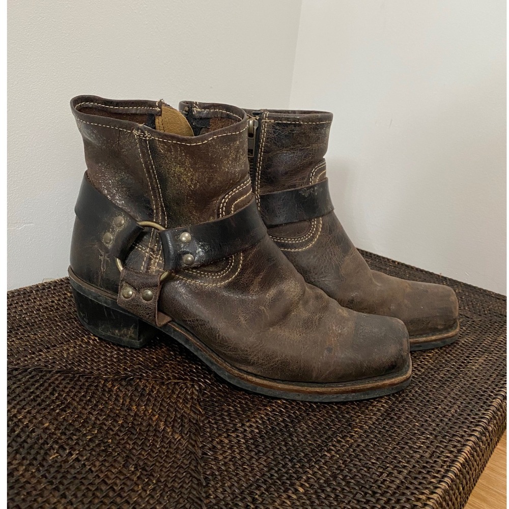 Frye Harness Ankle Boots Women 9 Dark Brown Distressed Leather Grunge Moto